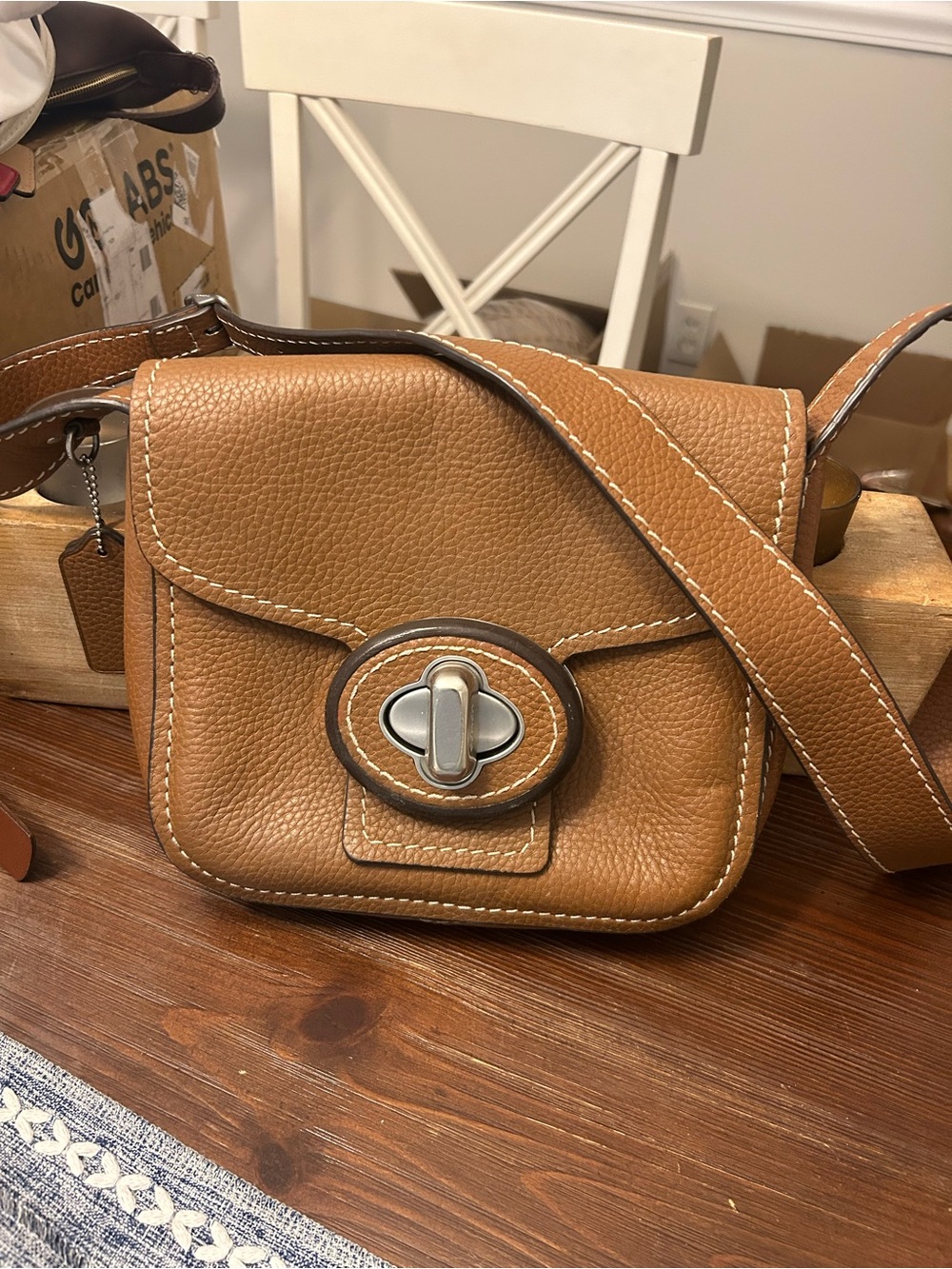 Coach Pebbled Leather Crossbody in Tan with Silver Turnlock